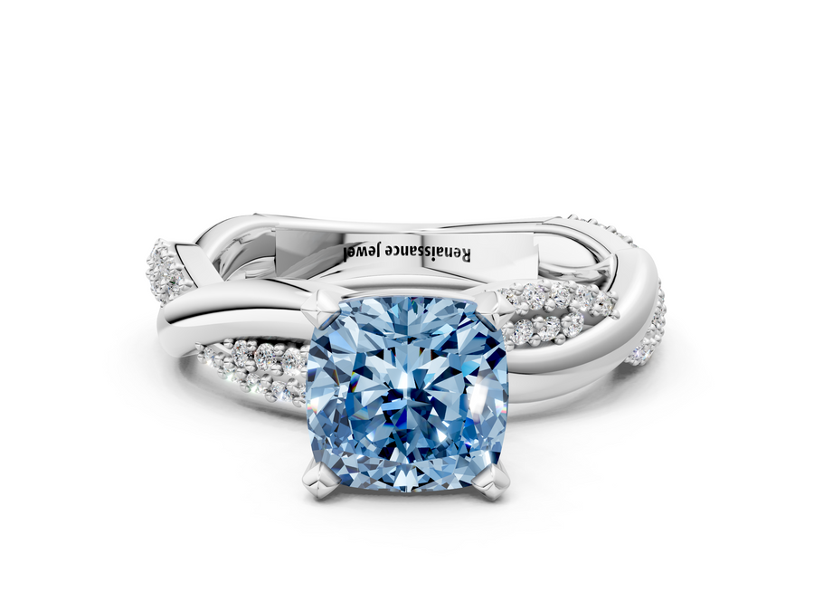 White gold Fancy Blue Cushion  Solitaire Twist Band with Pave Prong Setting