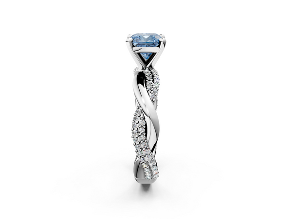 White gold Fancy Blue Cushion  Solitaire Twist Band with Pave Prong Setting