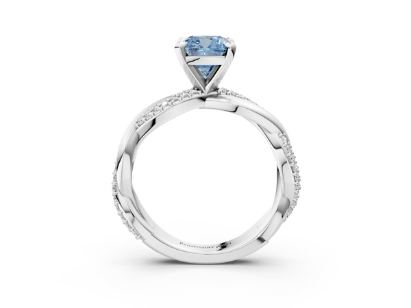 White gold Fancy Blue Cushion  Solitaire Twist Band with Pave Prong Setting
