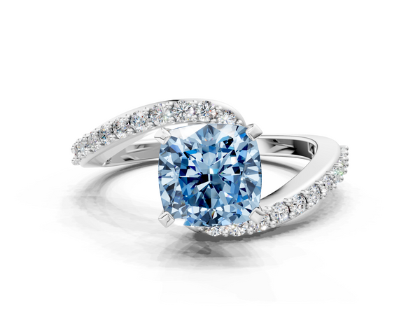 White gold Fancy Blue Cushion  Solitaire Twist Band with Pave Set Diamonds and Four-Prong Setting
