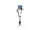 White gold Fancy Blue Cushion  Solitaire Twist Band with Pave Set Diamonds and Four-Prong Setting_126