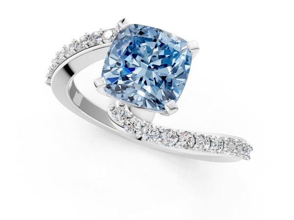 White gold Fancy Blue Cushion  Solitaire Twist Band with Pave Set Diamonds and Four-Prong Setting
