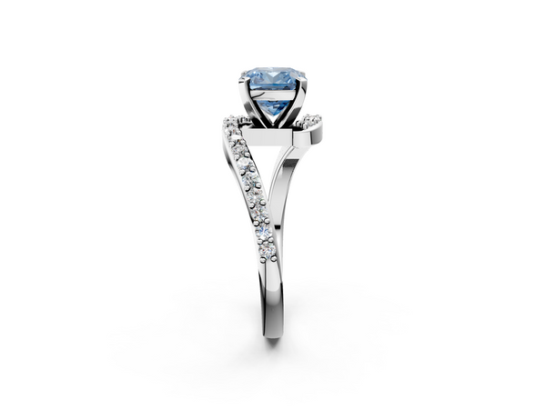 White gold Fancy Blue Cushion  Solitaire Twist Band with Pave Set Diamonds and Four-Prong Setting