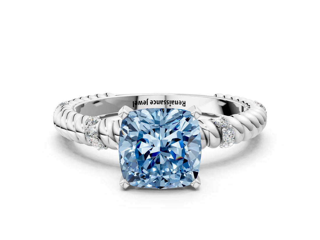 White gold Fancy Blue Cushion  Solitaire Twisted Band Prong Set Engagement Ring_85