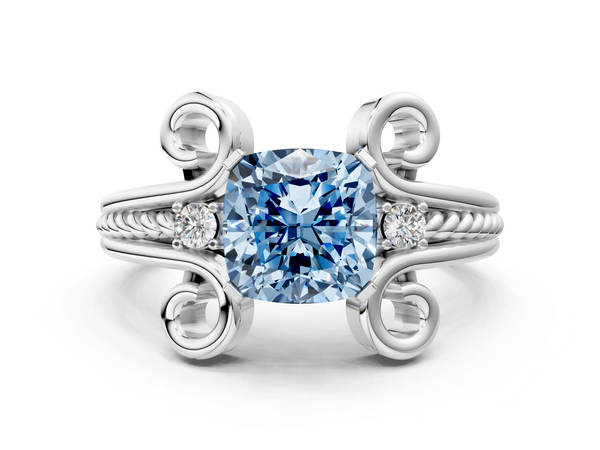 Platinum Fancy Blue Cushion  Solitaire Twisted Band Scroll Prong Ring
