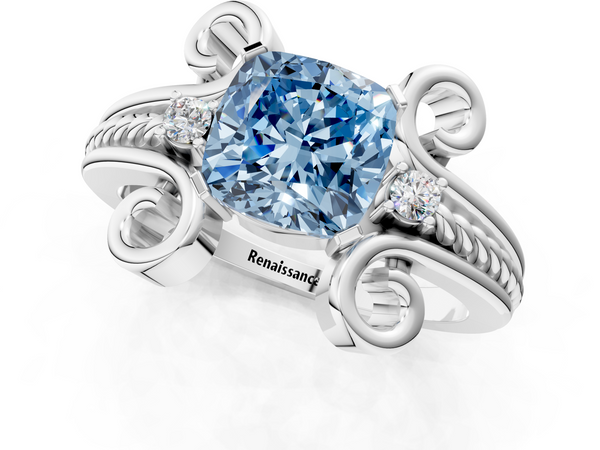 Platinum Fancy Blue Cushion  Solitaire Twisted Band Scroll Prong Ring