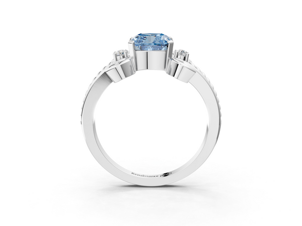 Platinum Fancy Blue Cushion  Solitaire Twisted Band Scroll Prong Ring