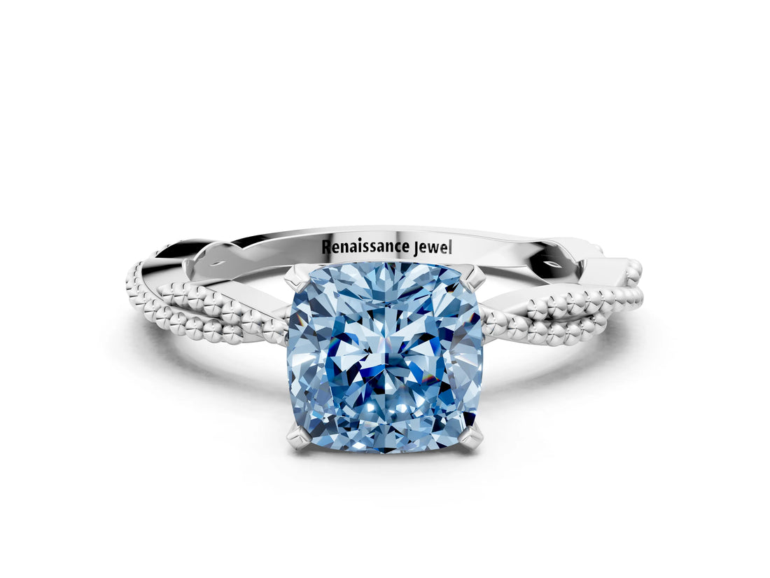 White gold Fancy Blue Cushion  Solitaire Twisted Band with Bead Prong Setting_304