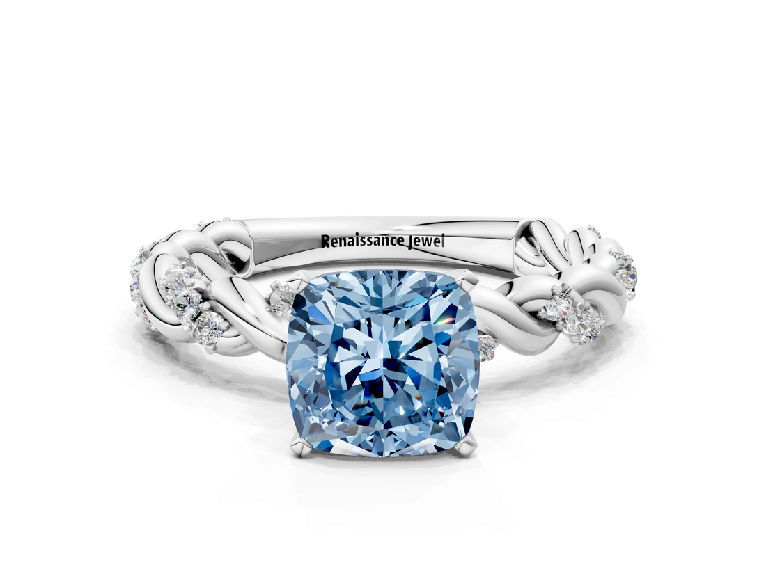 White gold Fancy Blue Cushion  Solitaire Twisted Band with Pavé Accents and Four-Prong Setting_3