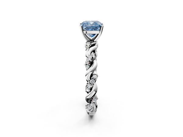 Platinum Fancy Blue Cushion Cut Diamond Solitaire Ring with Twisted Band and Pavé Accents