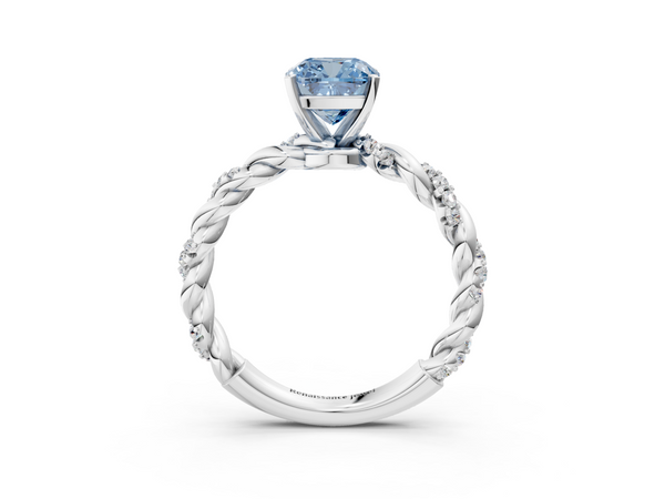 Platinum Fancy Blue Cushion Cut Diamond Solitaire Ring with Twisted Band and Pavé Accents