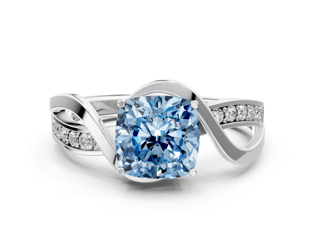 White gold Fancy Blue Cushion  Solitaire Twisted Band with Prong Setting_3