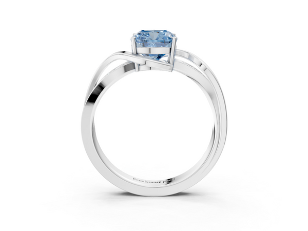 White gold Fancy Blue Cushion  Solitaire Twisted Band with Prong Setting