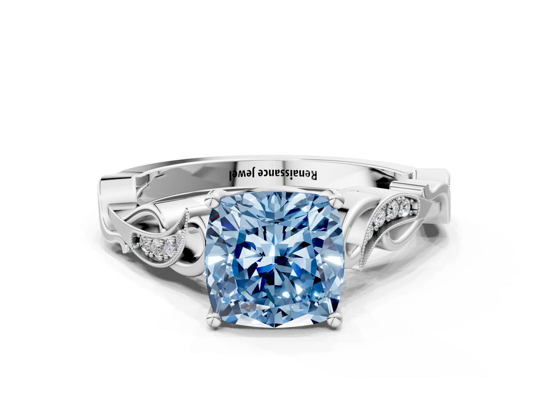 White gold Fancy Blue Cushion  Solitaire Vine Band with Milgrain Prong Setting_3