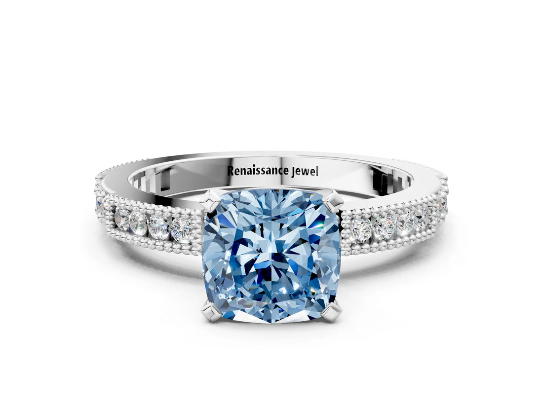 White gold Fancy Blue Cushion  Solitaire with Pavé Band and Four-Prong Setting_410