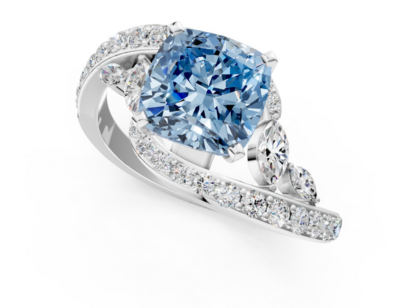 Platinum Fancy Blue Cushion  Solitaire with Pavé Twist Band and Four-Prong Setting