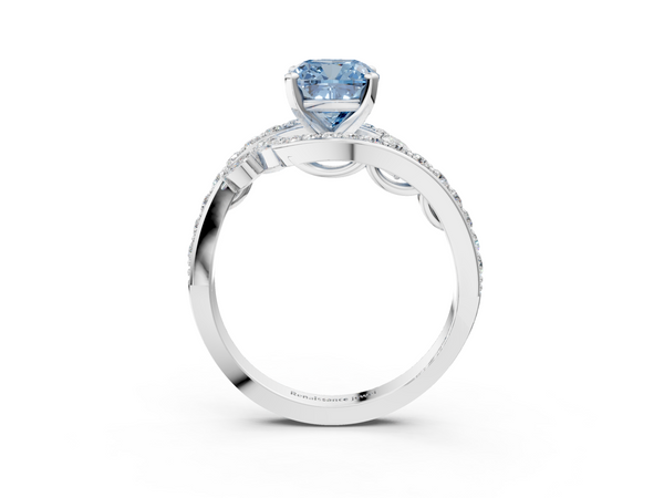 Platinum Fancy Blue Cushion  Solitaire with Pavé Twist Band and Four-Prong Setting