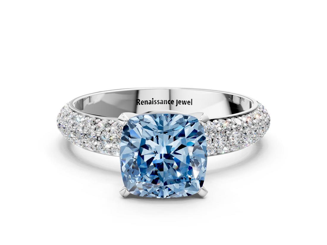 White gold Fancy Blue Cushion  Solitaire with Pave Band and Four-Prong Setting_3