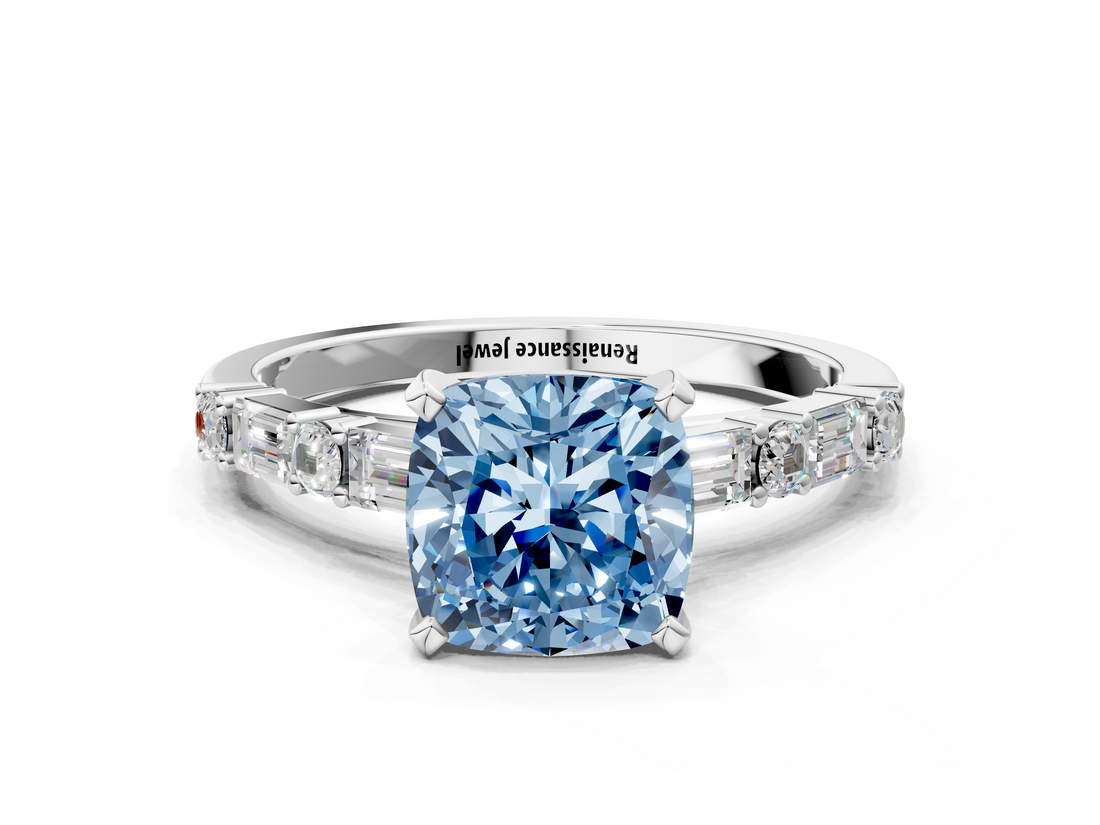White gold Fancy Blue Cushion  Solitaire with Side Baguettes and Channel Set Band_58