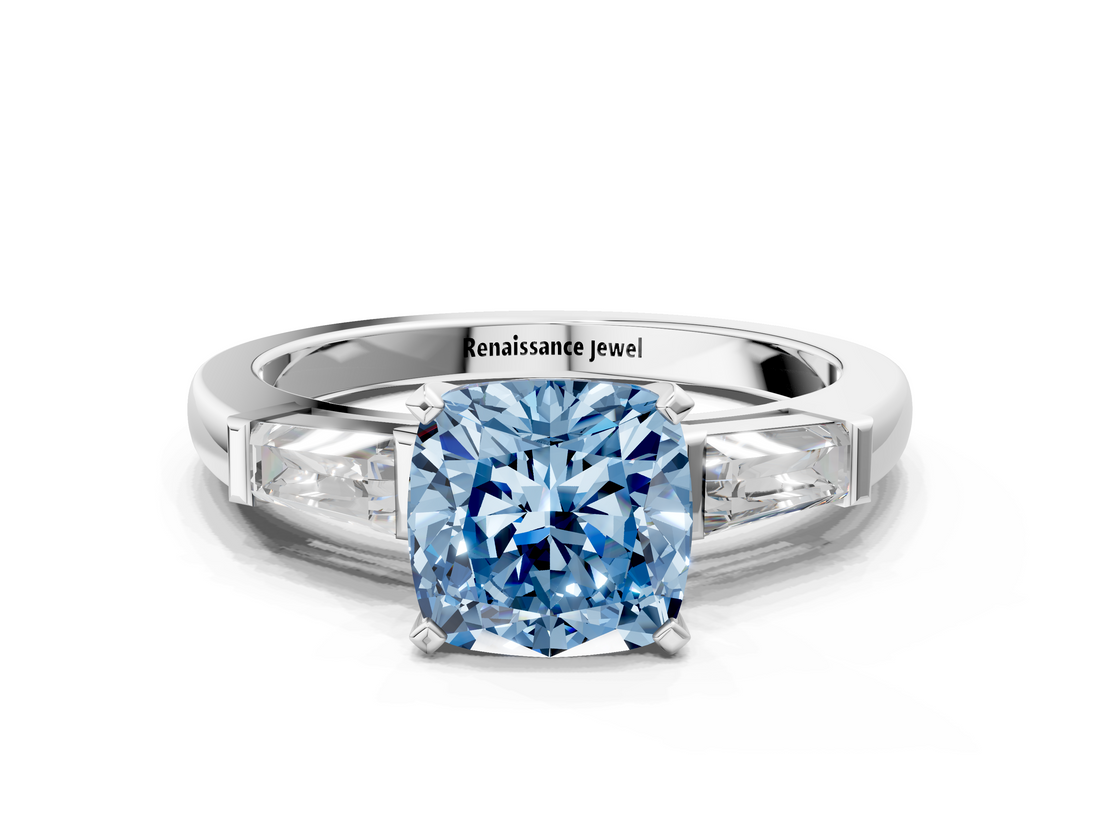 White gold Fancy Blue Cushion  Solitaire with Tapered Baguette Side Stones on a Classic Band with Four-Prong Setting_122
