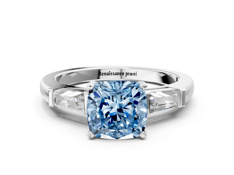 White gold Fancy Blue Cushion  Solitaire with Tapered Baguette Side Stones on a Classic Band with Four-Prong Setting_87
