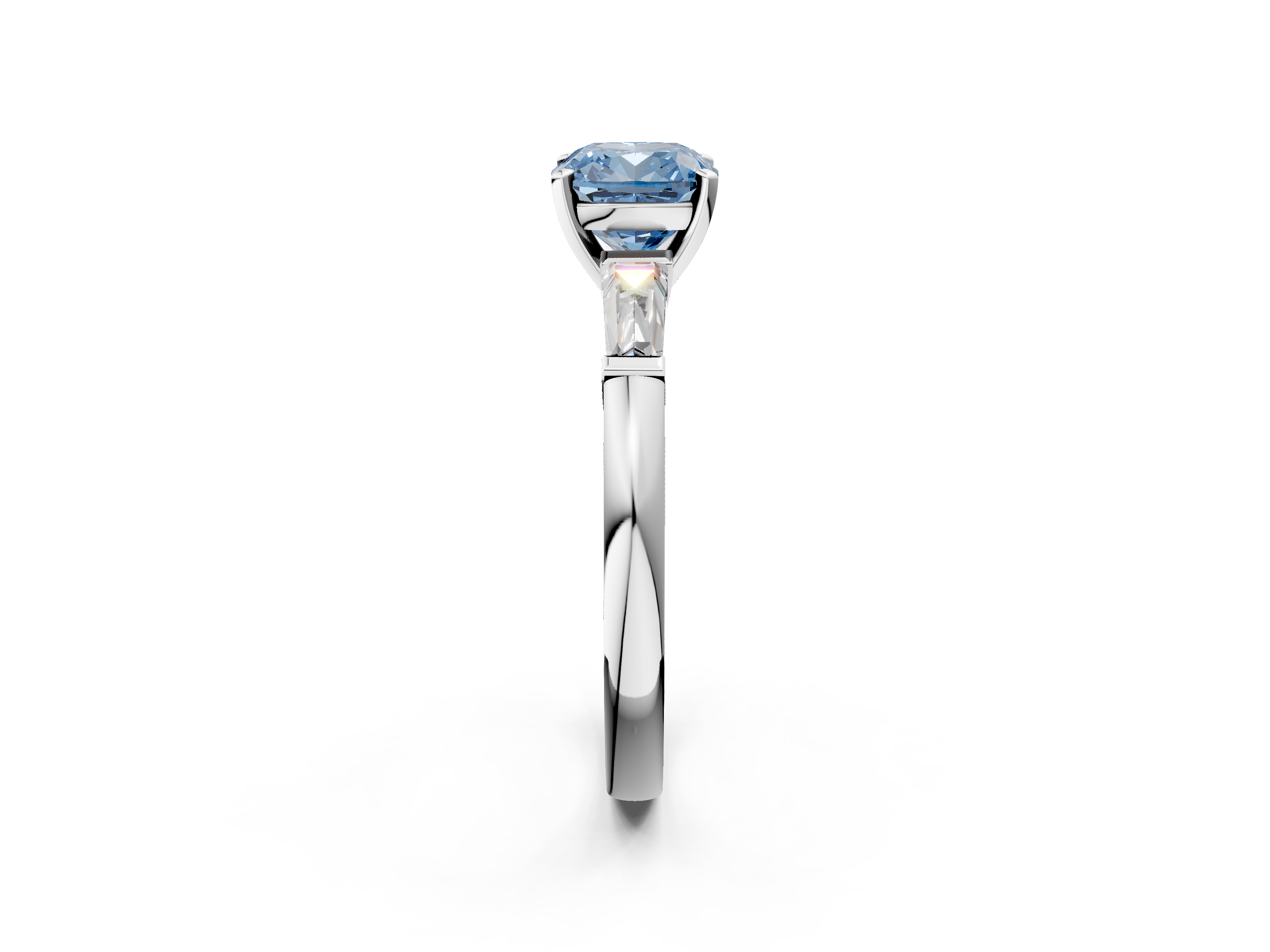 White gold Fancy Blue Cushion  Solitaire with Tapered Baguette Side Stones on a Classic Band with Four-Prong Setting_89