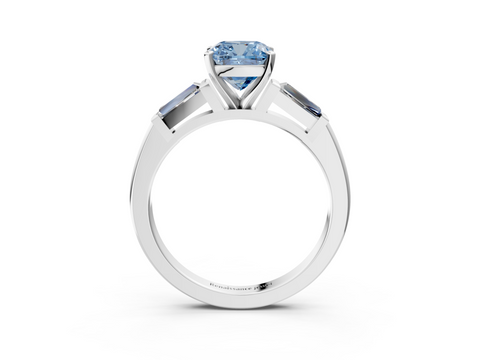 White gold Fancy Blue Cushion  Solitaire with Tapered Baguette Side Stones on a Classic Band with Four-Prong Setting_90