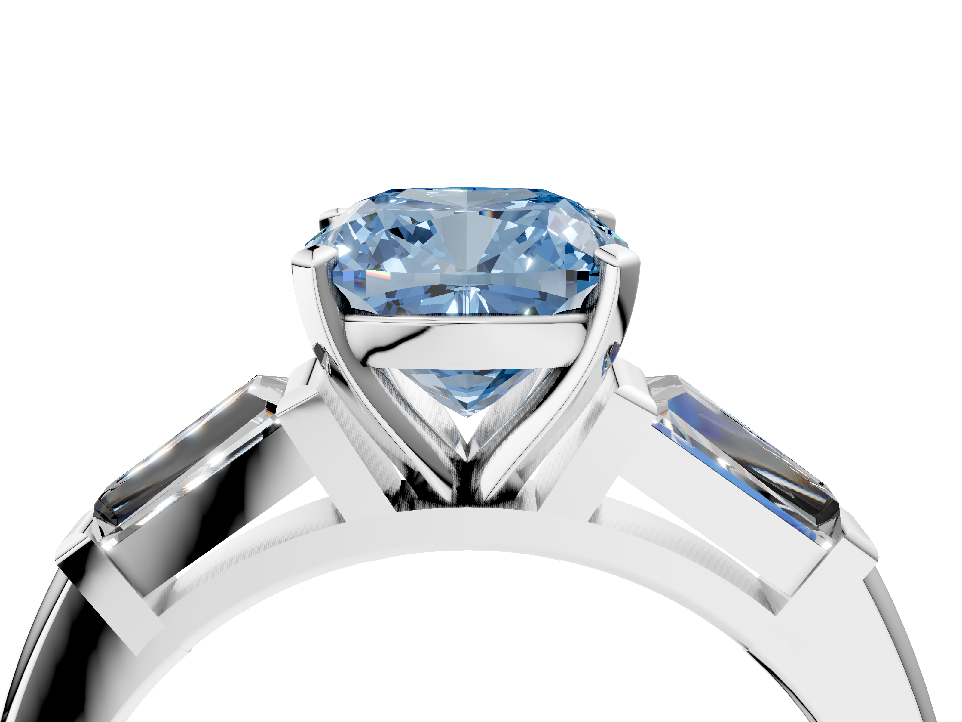 White gold Fancy Blue Cushion  Solitaire with Tapered Baguette Side Stones on a Classic Band with Four-Prong Setting_91
