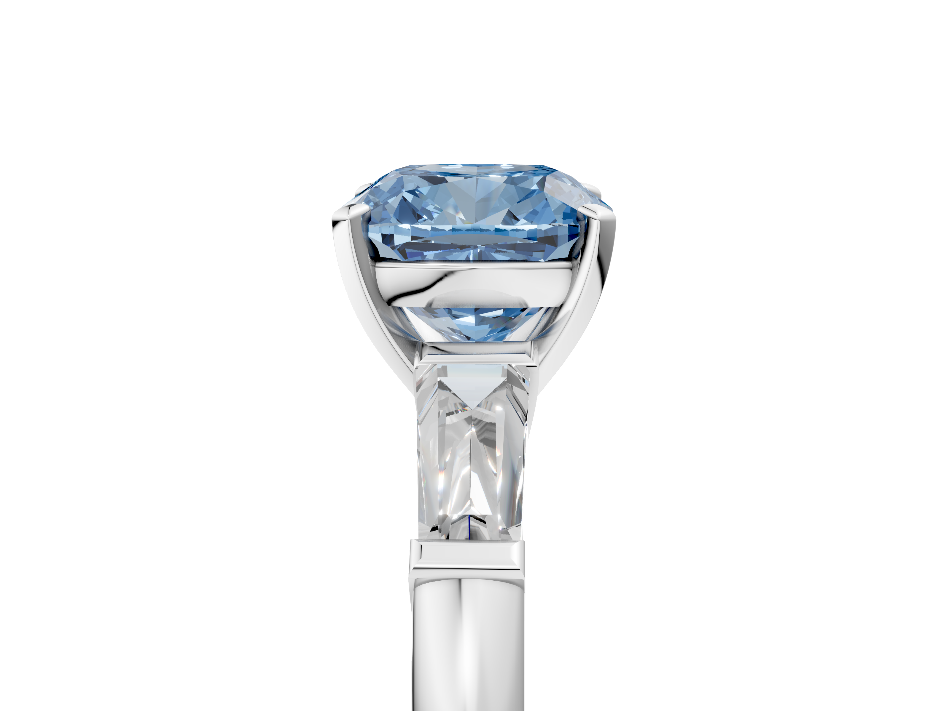 White gold Fancy Blue Cushion  Solitaire with Tapered Baguette Side Stones on a Classic Band with Four-Prong Setting_92