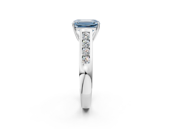 White gold Fancy Blue Emerald  Brilliant Channel-Set Solitaire Ring with Four-Prong Setting
