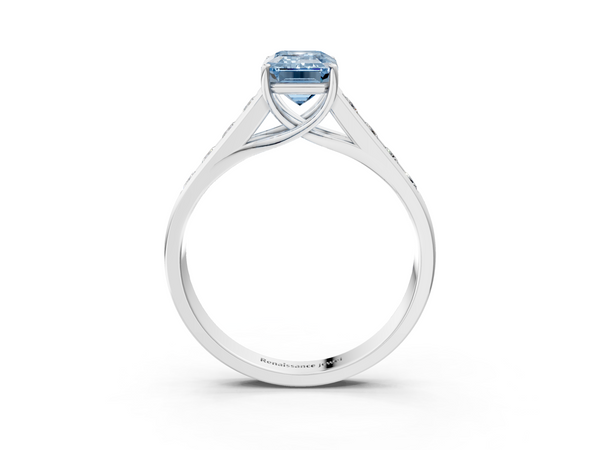 White gold Fancy Blue Emerald  Brilliant Channel-Set Solitaire Ring with Four-Prong Setting
