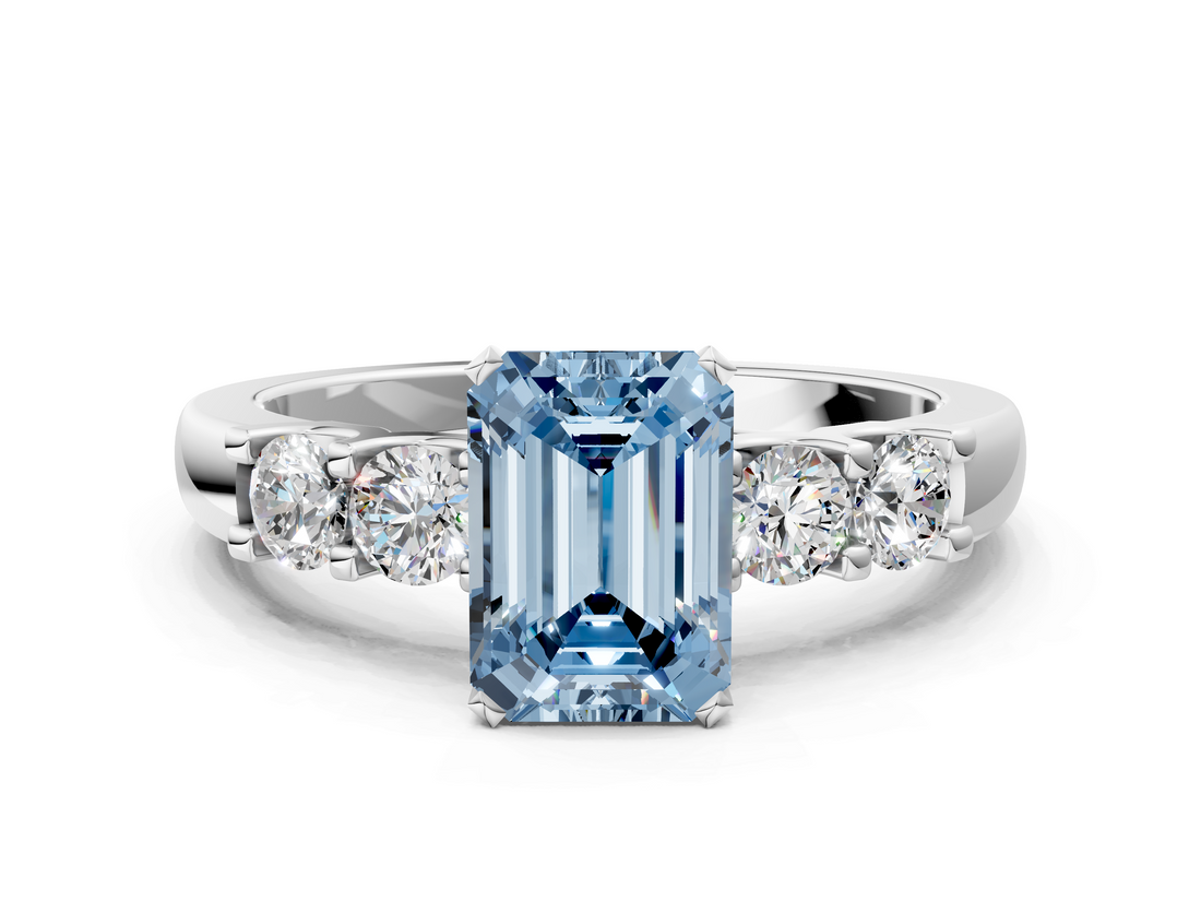 White gold Fancy Blue Emerald  Brilliant Cut Diamond Five-Stone Prong Set Engagement Ring with Channel Band_3