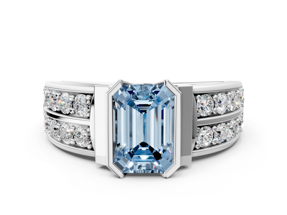 White gold Fancy Blue Emerald  Brilliant Diamond Channel Set Wide Band Ring with Bezel Setting_20