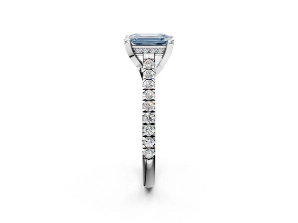 White gold Fancy Blue Emerald  Brilliant Diamond Solitaire with Pavé Band and Four-Prong Setting