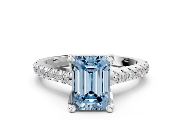 White gold Fancy Blue Emerald  Brilliant Diamond Solitaire with Pavé Band and Four-Prong Setting