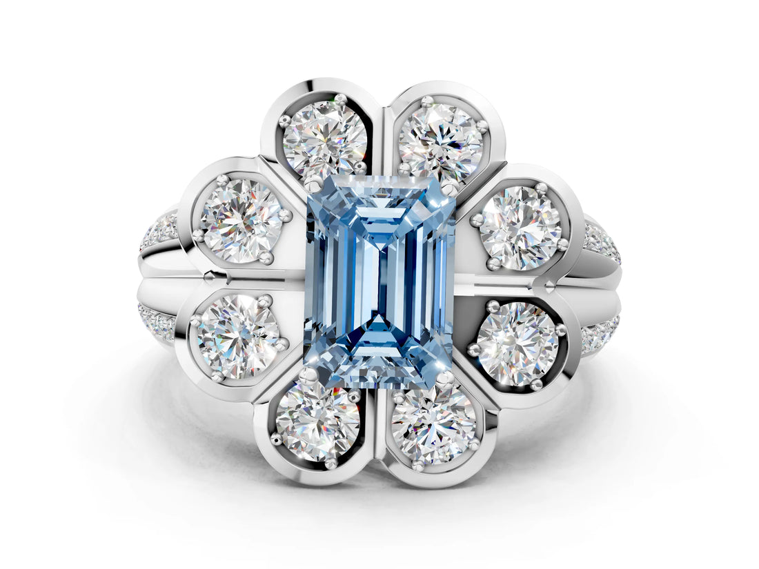 White gold Fancy Blue Emerald  Brilliant Flower Halo Diamond Split Shank Ring_25