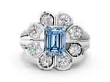 White gold Fancy Blue Emerald  Brilliant Flower Halo Diamond Split Shank Ring_25