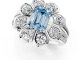 White gold Fancy Blue Emerald  Brilliant Flower Halo Diamond Split Shank Ring_26