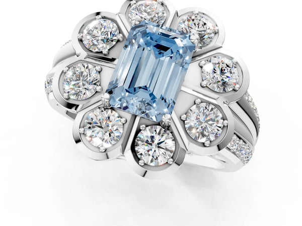 White gold Fancy Blue Emerald  Brilliant Flower Halo Diamond Split Shank Ring