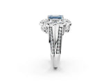 White gold Fancy Blue Emerald  Brilliant Flower Halo Diamond Split Shank Ring_27