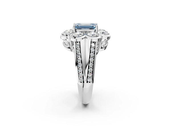 White gold Fancy Blue Emerald  Brilliant Flower Halo Diamond Split Shank Ring