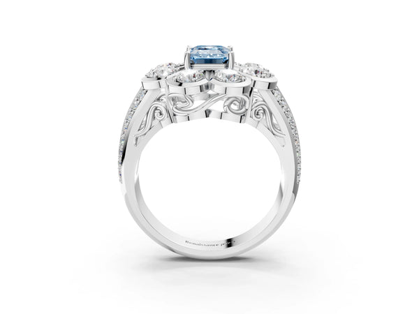 White gold Fancy Blue Emerald  Brilliant Flower Halo Diamond Split Shank Ring