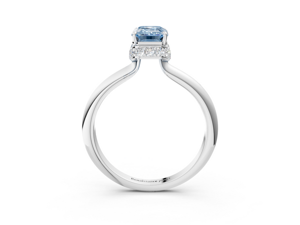 White gold Fancy Blue Emerald  Brilliant Solitaire Engagement Ring with Six-Prong Setting and Classic Band