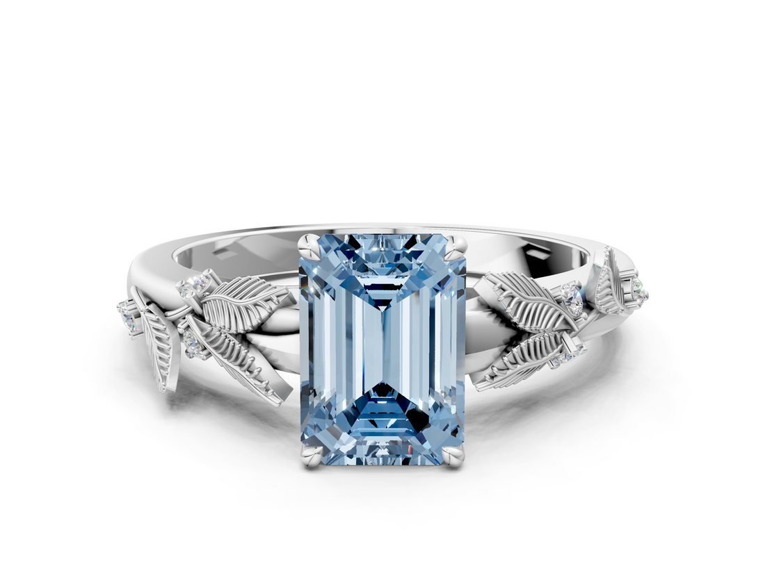 White gold Fancy Blue Emerald  Brilliant Solitaire with Leaf Motif Band and Four-Prong Setting_62