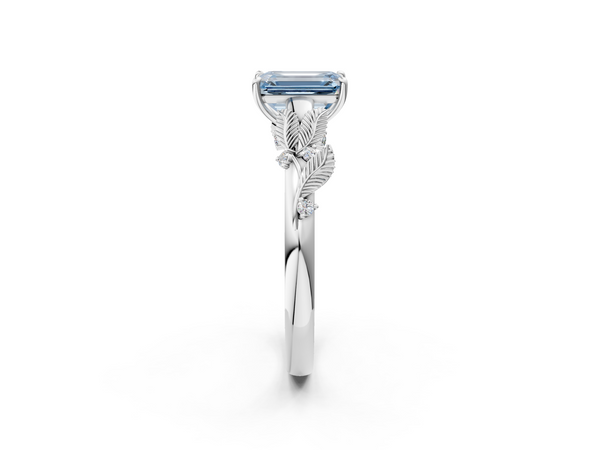 White gold Fancy Blue Emerald Cut Diamond Solitaire Ring with Leaf Motif Band and Four-Prong Setting