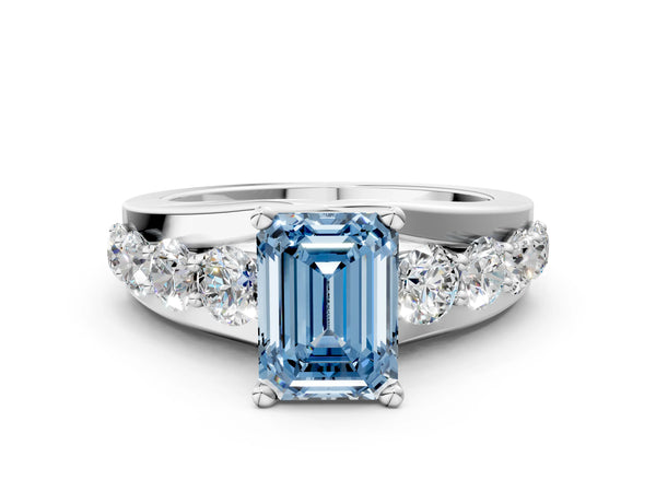 White gold Fancy Blue Emerald  Brilliant Solitaire with Side Stones on a Pave Band and Four-Prong Setting
