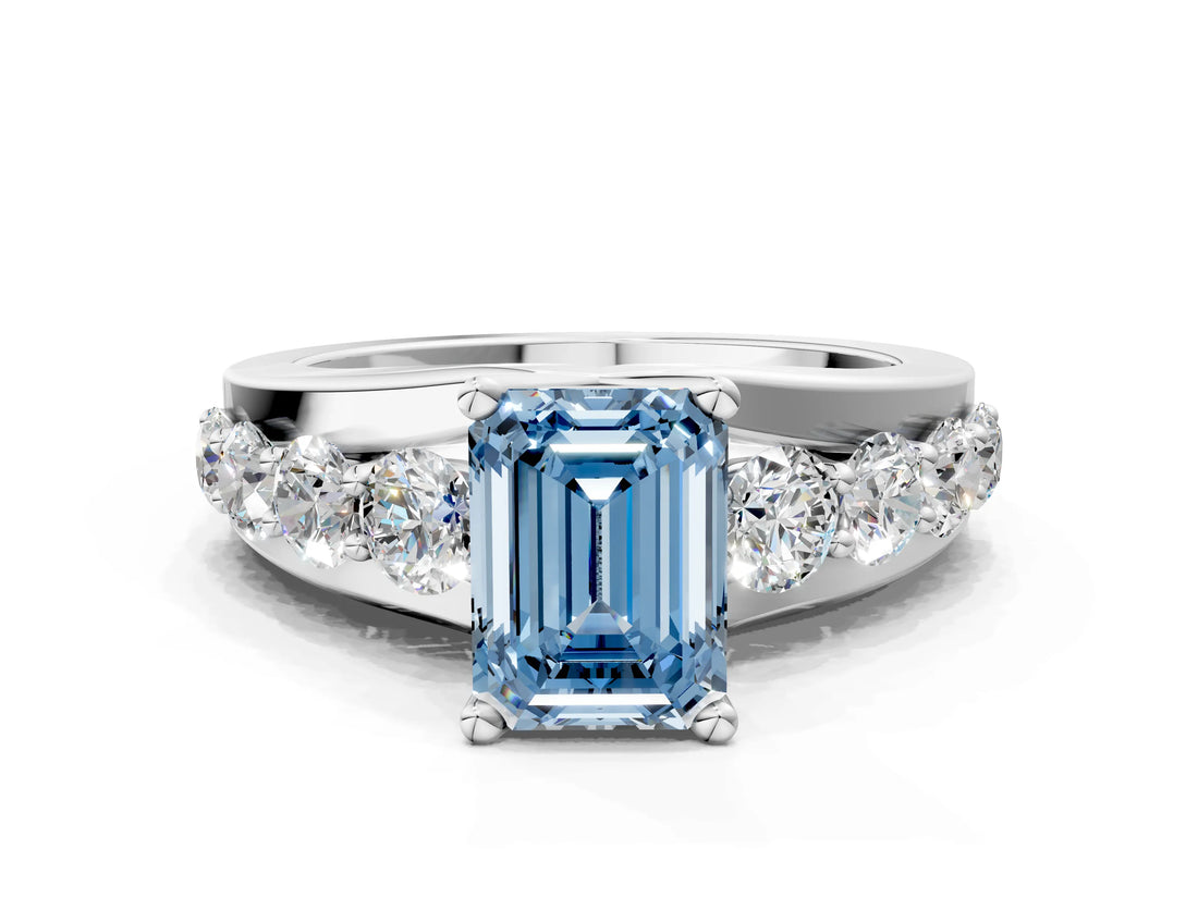 White gold Fancy Blue Emerald  Brilliant Solitaire with Side Stones on a Pave Band and Four-Prong Setting_61