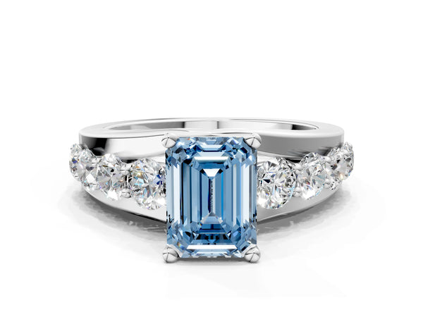 White gold Fancy Blue Emerald  Brilliant Solitaire with Side Stones on a Pave Band and Four-Prong Setting