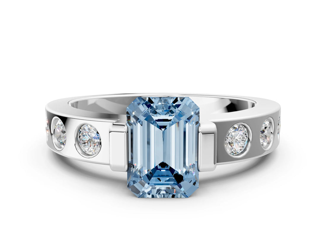 White gold Fancy Blue Emerald Cut Brilliant Channel-Set Diamond Ring with Bezel Prong Setting_12