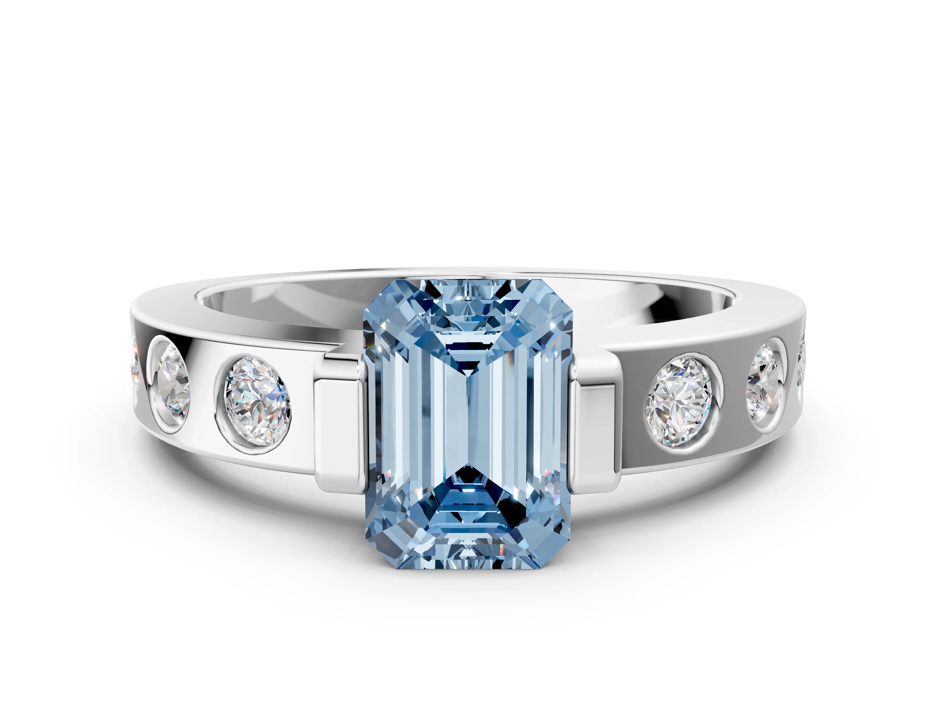 White gold Fancy Blue Emerald Cut Brilliant Channel-Set Diamond Ring with Bezel Prong Setting_12